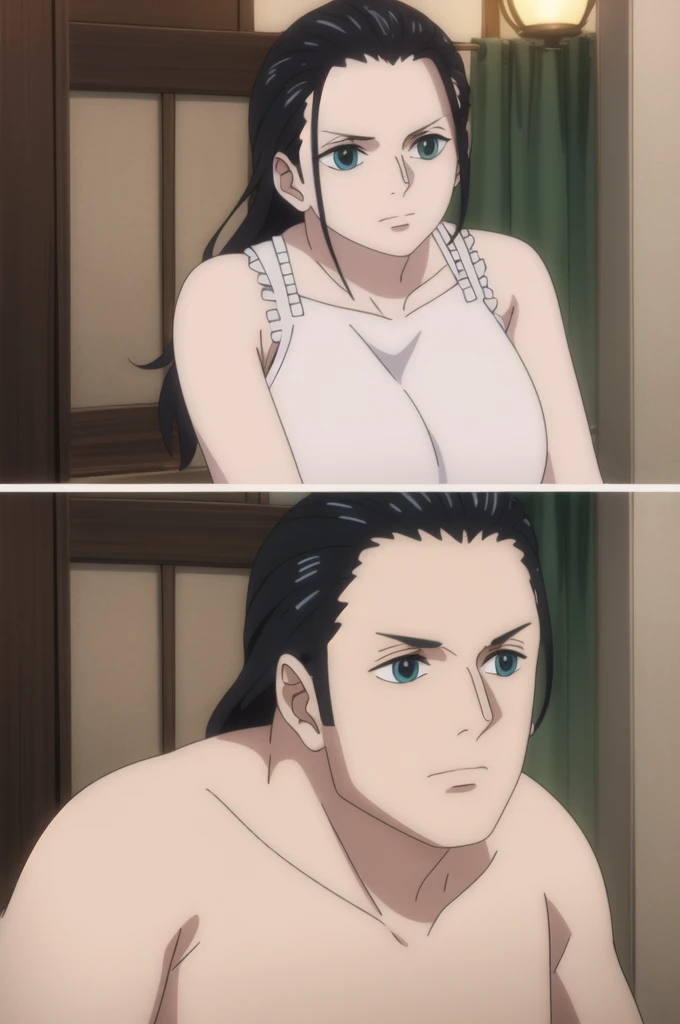 nicorob, slicked back hair, large breasts, mature, obese