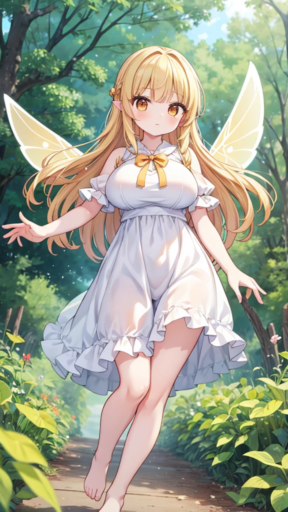 Showing the whole body, cute, , big breasts, flying in the sky, in the forest, simple white dress, long hair, alone, short, fairy wings, honey blonde hair, orange eyes, barefoot