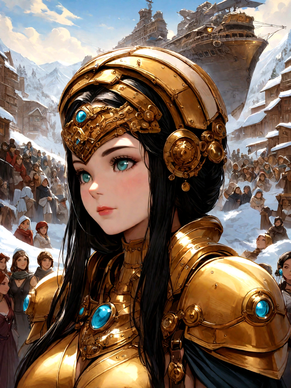 Crowd of women in futuristic dresses々Standing in front of, Large dieselpunk airship, dribble, Inspired by Gil Elvgren, Fantasy Paladin Female, Inspired by Mark Brooks, [ bubble, Portrait of Helen of Troy, Ski resort : :, Golden Armor