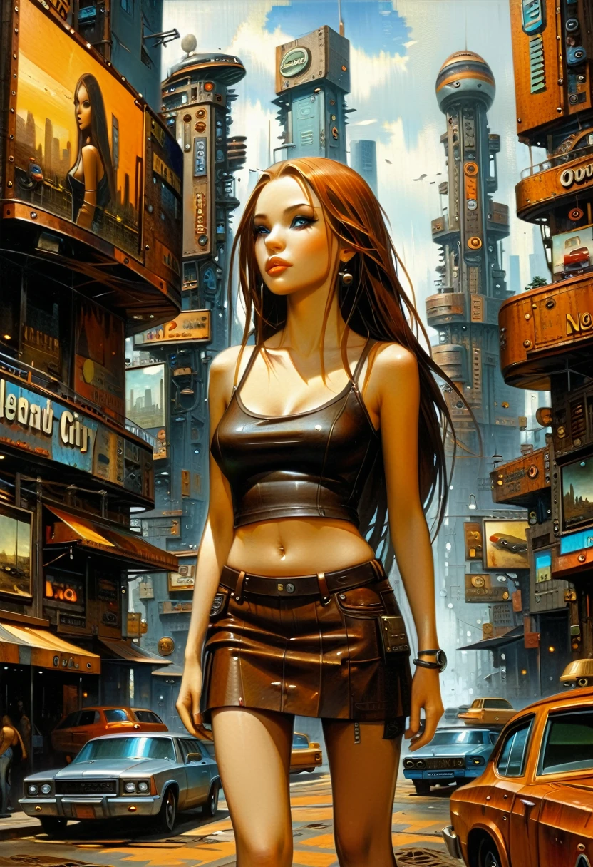 Future sexy girl long hair in a futuristic city.1.5, rusty metal city, lots of details, cars, buildings, billboards, leather miniskirt and very tight tank top, (Dave Mckean inspired art, intricate details, oil painting)
