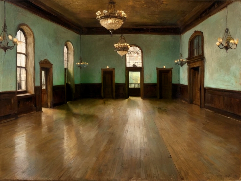 empty dance hall, with bars, wooden floor, chandeliers, by edgar degas painting