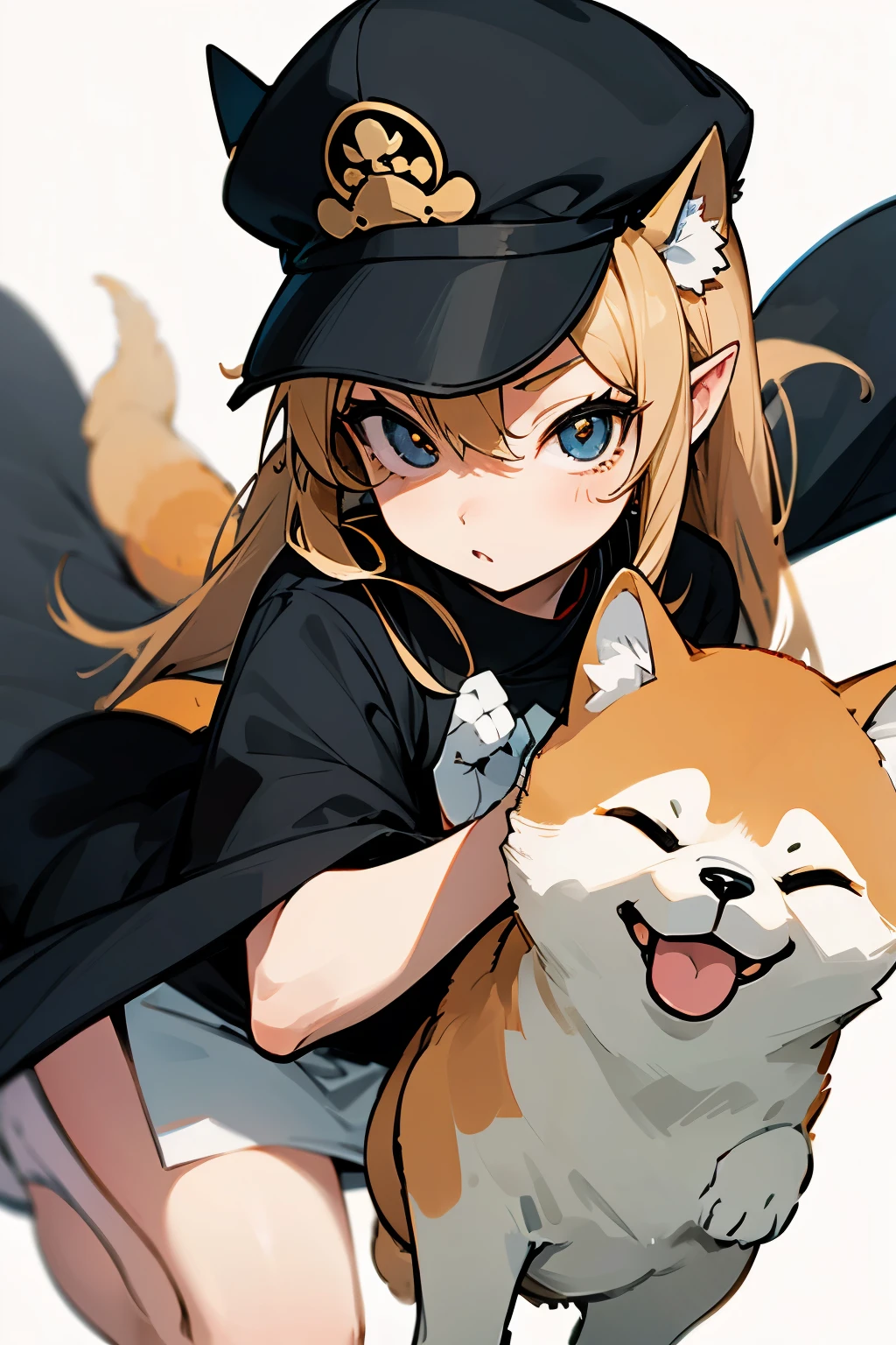 Anime Cartoon,Shiba Inu,Wears a black cap,Pointed ears,big eyes