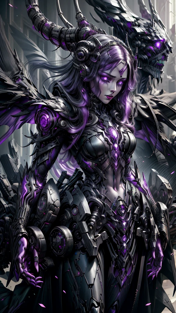 a dark fantasy cyberpunk android woman, 1 girl, highly detailed, hyper realistic, masterpiece, 8k, photorealistic, beautiful detailed eyes, beautiful detailed lips, extremely detailed face, long eyelashes, long white hair, shawl, black coat, glowing purple eyes, expressionless, mecha long skirt, holding a weapon, beautiful necromancer, dark cloaked necromancer, beautiful death, dark witch character, (black purple:1.1), studio lighting, professional, vivid colors, physically-based rendering, extreme detail description