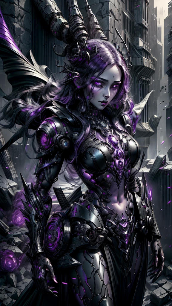 a dark fantasy cyberpunk android woman, 1 girl, highly detailed, hyper realistic, masterpiece, 8k, photorealistic, beautiful detailed eyes, beautiful detailed lips, extremely detailed face, long eyelashes, long white hair, shawl, black coat, glowing purple eyes, expressionless, mecha long skirt, holding a weapon, beautiful necromancer, dark cloaked necromancer, beautiful death, dark witch character, (black purple:1.1), studio lighting, professional, vivid colors, physically-based rendering, extreme detail description