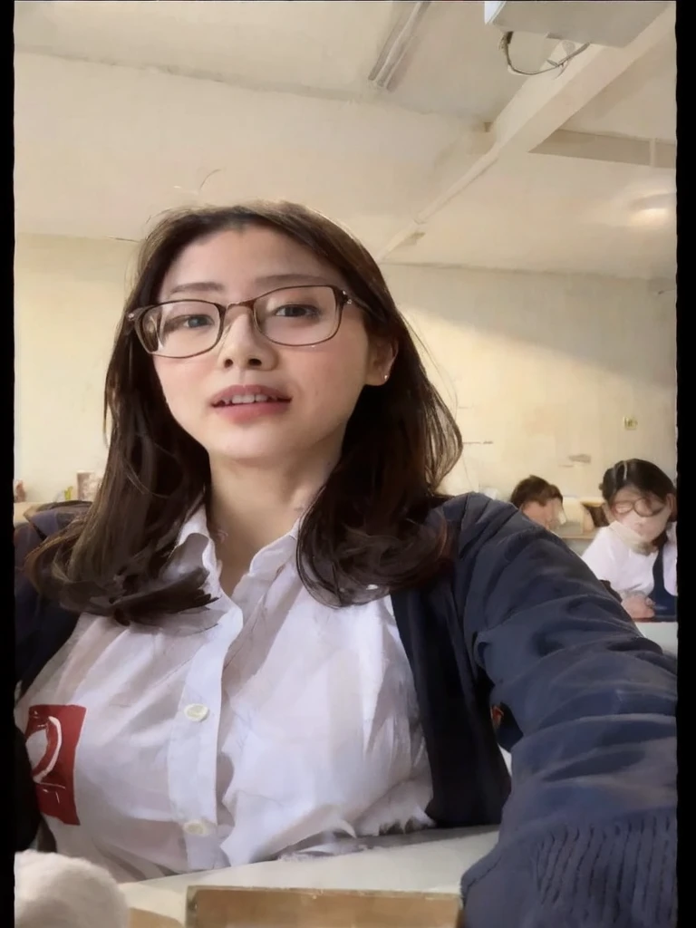 there is a woman taking a selfie in a bathroom, Choi Hyun-hwa, jaeyeon nam, with short hair, inspirado por Kim Jeong-hui, jiyun chae, sangsoo jeong, With glasses, Kim Tae-joon, wenfei ye, Korean girl, seseon yoon, xintong chen, 2 7 years old, Korean symmetrical face