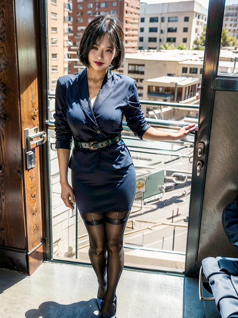 OL、Beautiful girl、Outstanding style、nice buddy、glamorous、Big Breasts、navy blue business suit、Skirt、Garter belt and black 30 denier stockings、High heels、office、standing、The whole body is visible, (mature woman), 45 years old, (black bob cut)