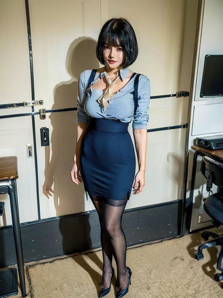 OL、Beautiful girl、Outstanding style、nice buddy、glamorous、Big Breasts、navy blue business suit、Skirt、Garter belt and black 30 denier stockings、High heels、office、standing、The whole body is visible, (mature woman), 45 years old, (black bob cut)