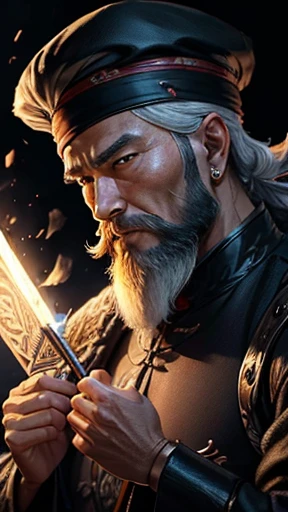 alone、Oriental、Ancient Chinese man in black costume、Holding a feather fan、Highest quality、masterpiece、Ultra-high resolution、(Realistic:1.4)、Game Poster、Crisp and beautiful image quality、(Bearded Man),Ancient Chinese hairstyle with a large plain white beret loosely covering the head like a turban、