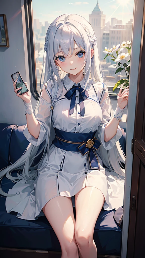 最high quality、Best image quality、masterpiece、girl((20-year-old、 By becoming、Best 、,Wide open tea、blue eyes and white hair 、Disheveled Hair、Long Hair、thin,The highest valley、White overshirt、Open 、White wristband、smile、Leaning forward、hair ornaments、Side angle、Lointail、Looking at smartphone)),high quality、Beautiful art、background((Modern train、Window、Light of the sun))、Flight、Flying debris、Written boundary depth、movie、Visual Arts、Perfect art、8K,Genuine、