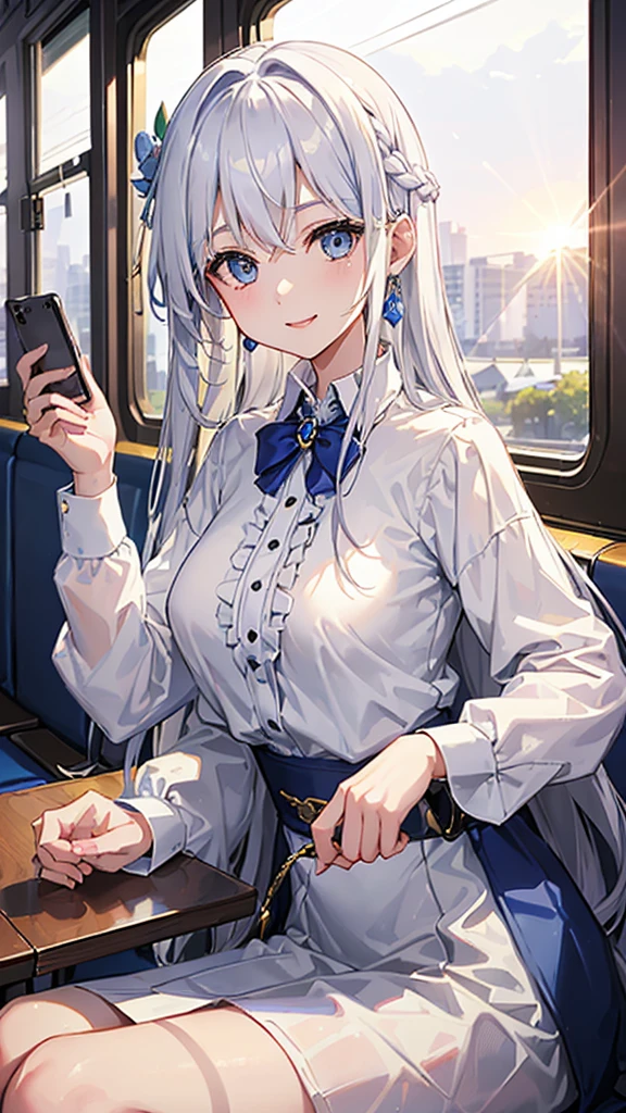 最high quality、Best image quality、masterpiece、girl((20-year-old、 By becoming、Best Bust、Medium Bust,Wide open breast tea、blue eyes and white hair 、Disheveled Hair、Long Hair、thin,The highest valley、White overshirt、Open chest、White wristband、smile、Leaning forward、hair ornaments、Side angle、Lointail、Looking at smartphone)),high quality、Beautiful art、background((Modern train、Window、Light of the sun))、Flight、Flying debris、Written boundary depth、movie、Visual Arts、Perfect art、8K,Genuine、