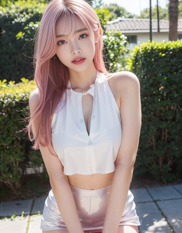 1 girl, Korean model, extremely beautiful, perfect body. Photo taken with Canon EOS R5 85mm f/11 Camera, ((sharp)) mode of people and surrounding scenery. Image quality ((8K)), ((lifelike)), ((masterpiece)), ((sharp and highest contrast)), ((great depth of field)), ((light stereolithography)). ((Pink hair)), long and smooth, the wind blows it beautifully under the bright sunlight. Beautiful face, perfect and sexy, holy, perfectly balanced, ((beautiful in every detail)), ((shiny)), ((high-end cosmetic makeup)), ((shiny bright, radiant)). Bright smile, pure white teeth and details. Seductive glossy red lips, ((brilliant glossy red lipstick)). The eyes are brown, glossy, seductive, ((sharp makeup)), realistic, ((wet eyes)) and detailed. Pink eyeshadow, long eyelashes, blush, high-end cosmetics. Two delicate eyelids, perfectly beautiful and detailed, black eyelashes. Eyebrows are curved, sparse, sharp and detailed. High and detailed nose. Cheeks are prominent and detailed. ((Ivory white, bright white skin)), detailed pores, ((shiny skin)), smooth, rosy, flawless skin texture. Long, shiny legs. Beautiful, perfect hands, ((no flaws)). ((Light shines directly on the face)), bright sunlight, ((shines light on the front part of the girl's body)).
Photo of a sexy girl standing, ((very thin pink shirt)), ((blue shiny leather skirt)), ((red underwears)).