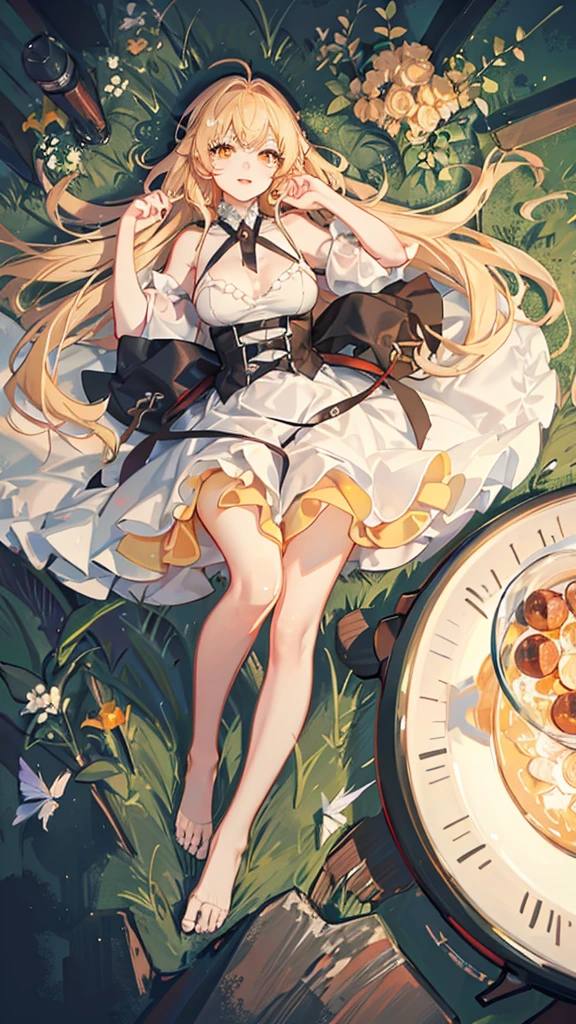 Showing the whole body, cute, baby face, big breasts, flying in the sky, in the forest, simple white dress, long hair, alone, short, fairy wings, honey blonde hair, orange eyes, barefoot