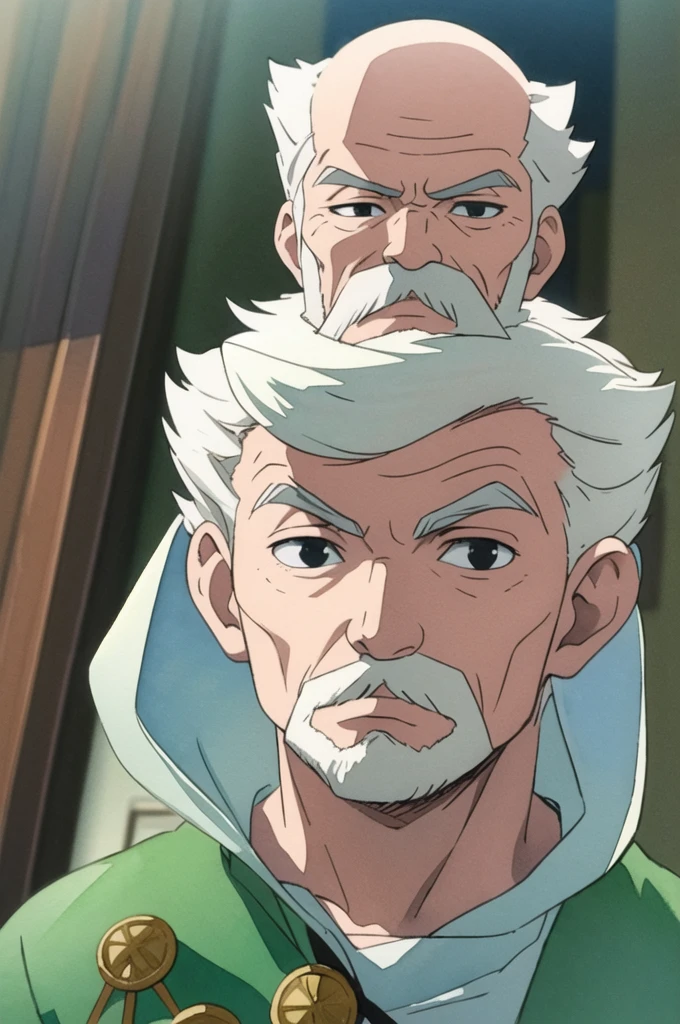 masterpiece, best quality, movie still, 1boy, solo, male focus, looking at viewer, upper body, depth of field, (watercolor illustration, soft pastel colors:1.1), realistic, makarov_dreyar, white hair, black eyes, beard