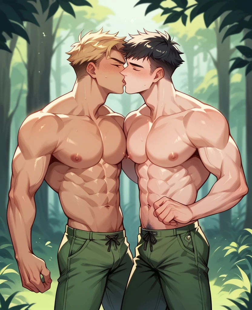 Two handsome gay boys kiss forest green pant