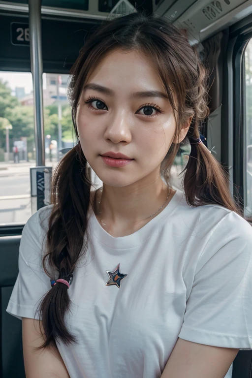 realistic photos of cute Korean star female, uneven twintails, thin makeup, medium breasts size, slightly smile, color t-shirt, in the bus, clear facial features ofsharp and realistic details, Sony FE, 35mm, cinematic lighting, high details, UHD, high quality, HD, 8k, 16k