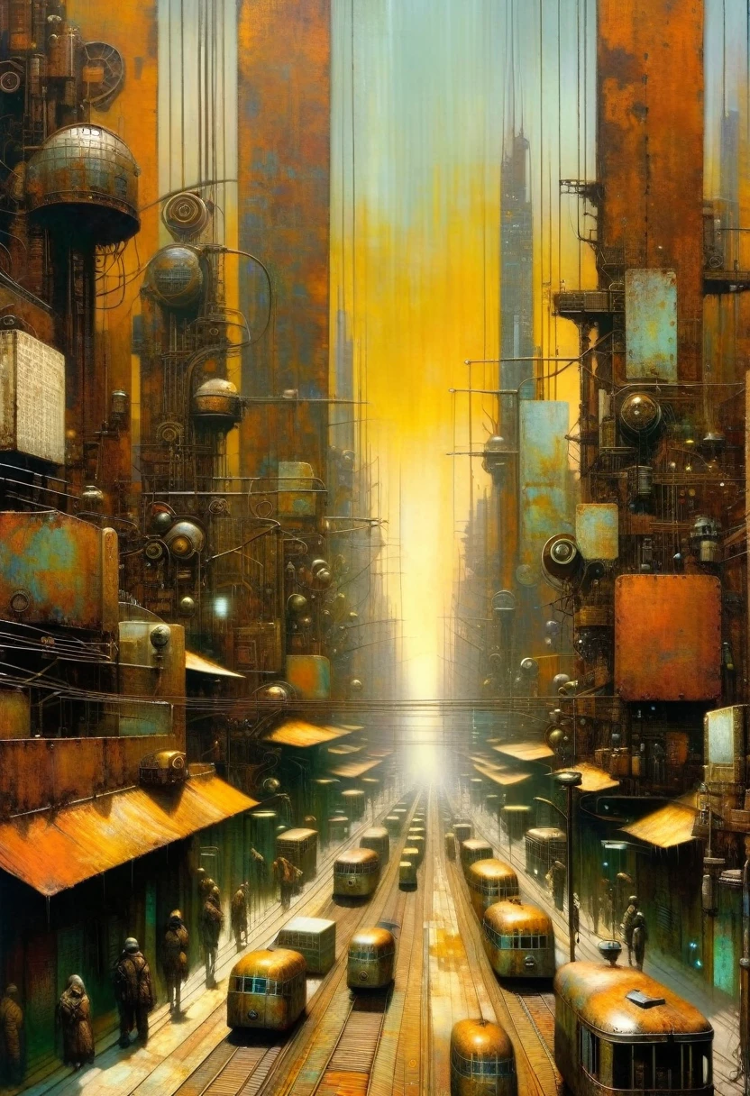 futuristic city.1.5, rusty metal city, lots of details, buildings, billboards, (Dave Mckean inspired art, intricate details, oil painting)