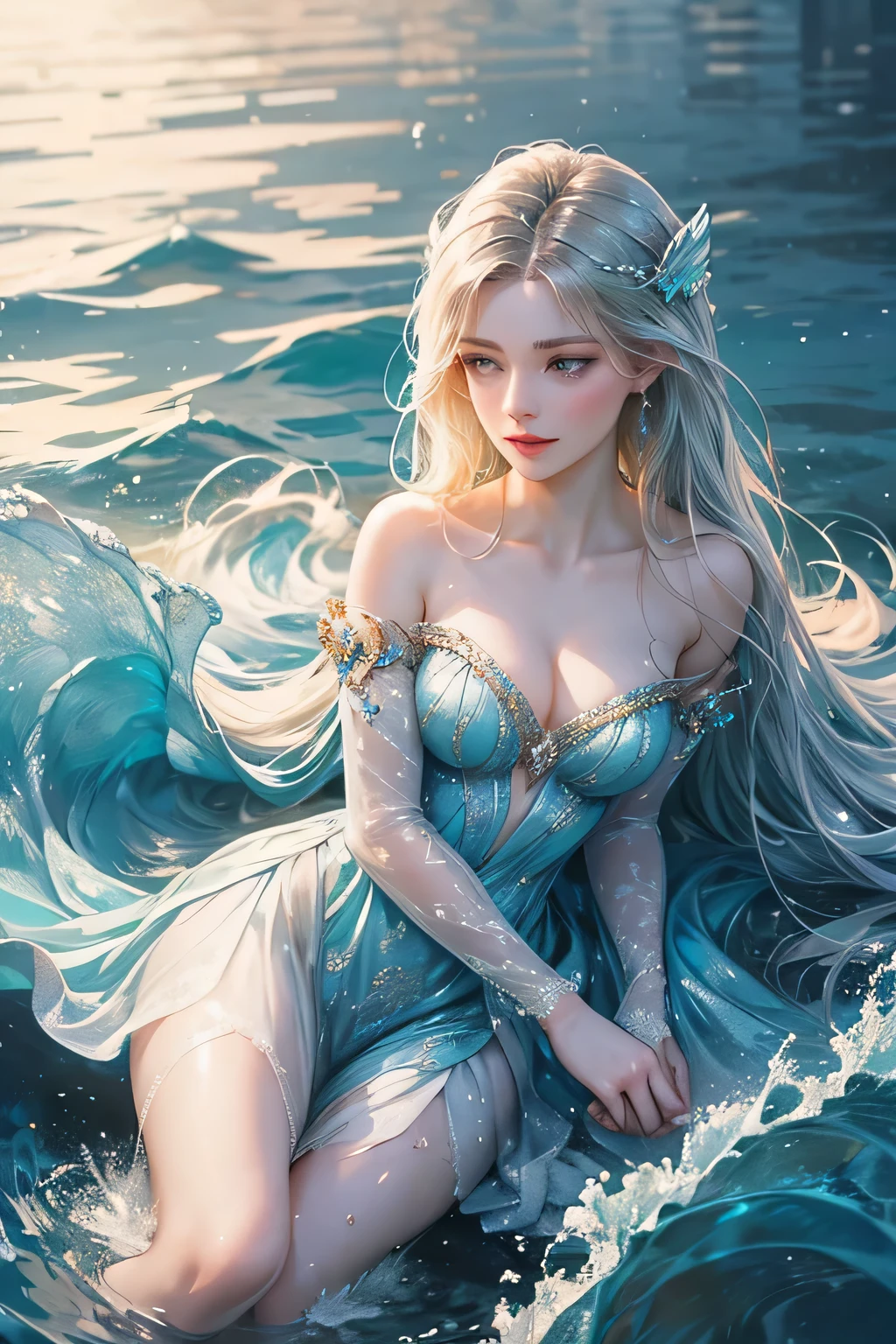 "Create a realistic and enchanting digital illustration of a beautiful female fairy with large, ethereal wings that glisten like flowing water. She should be elegantly dressed in a decent gown that reflects the colors and textures of the ocean. Surround her with dynamic waves and gentle ripples that showcase her control over the element of water. Integrate a distinctive water fairy symbol on her body, signifying her role as the keeper of water and waves, and highlighting the profound aquatic power she possesses within."