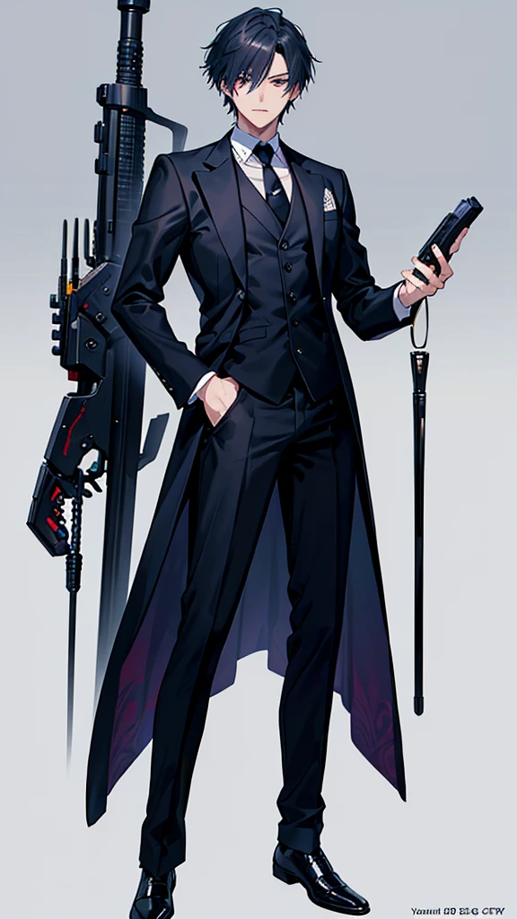 Image of a man in his 50s standing in a suit and tie, Concept Art：Yang J, CG society hot topic, Digital Art, Dark colored suit, Black suit, Wearing a black aristocratic suit, highly detailed character design, formal Black suit. detailed, Handsome anime pose, Male character design, very detailed and rich clothing, a stylish suit, Elegant suits, Wearing a fashion suit