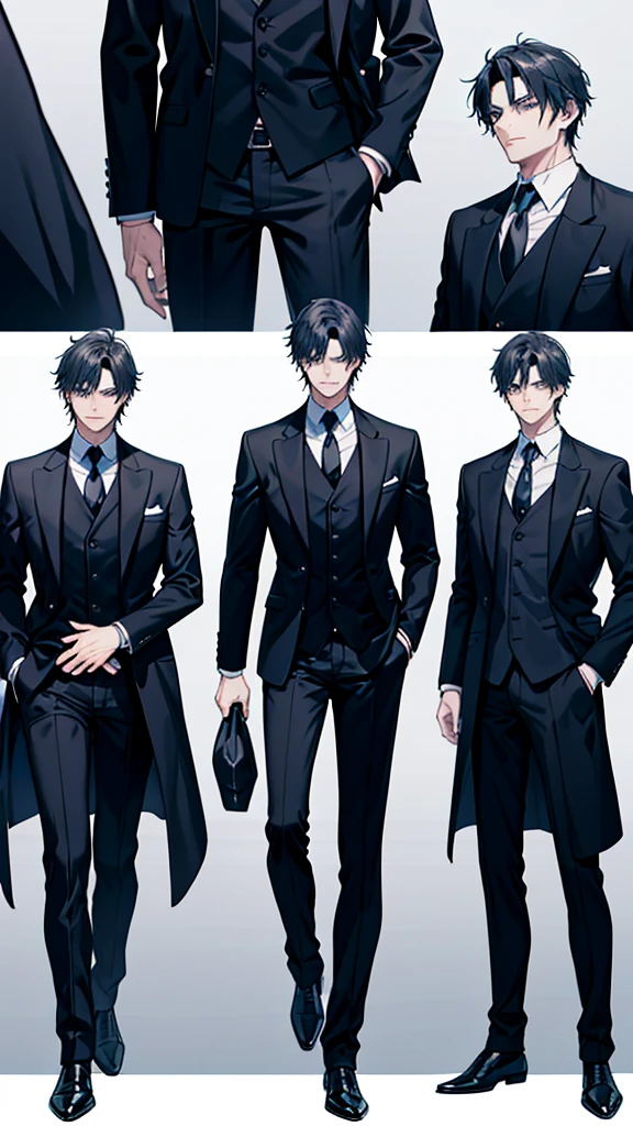 Image of a man in his 50s standing in a suit and tie, Concept Art:Yang J, CG society hot topic, Digital Art, Dark colored suit, Black suit, Wearing a black aristocratic suit, highly detailed character design, formal Black suit. detailed, Handsome anime pose, Male character design, very detailed and rich clothing, a stylish suit, Elegant suits, Wearing a fashion suit