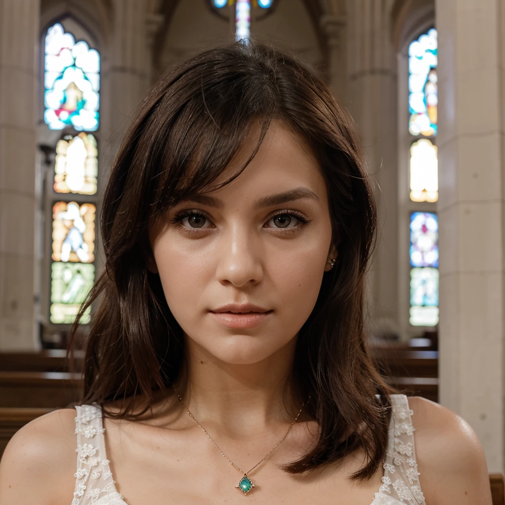 1girl in, 30 years old, Square face, Long hair, Looking at viewer, jewelry, Reality, Sexy, bridal page, church background, free pose