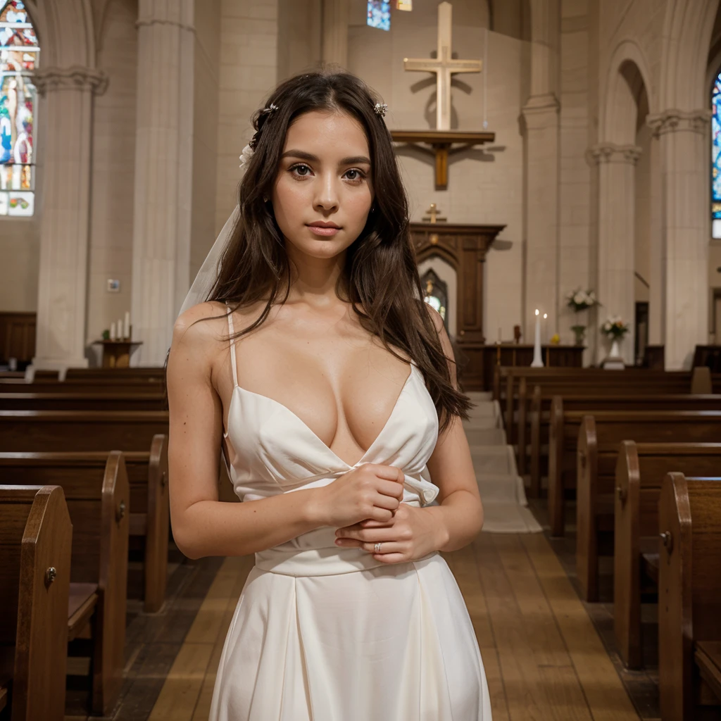 1girl in, 30 years old, Square face, Long hair, Looking at viewer, jewelry, Reality, Sexy, bridal page, church background, free pose