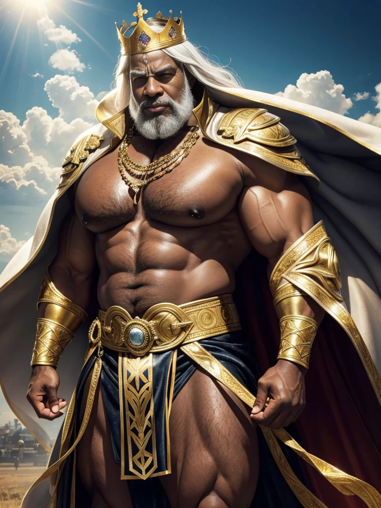 Hyperrealistic image of an old man over 79 years old African American superhero king holy imperial warrior with gray hair with a huge crown of gold and gems and a halo of light with rays on his head super heavy and very fat very handsome bodybuilder with huge flabby pecs and very large and pointed nipples very sweaty in a sky of very white clouds wearing only a leather and gold Roman skirt and a velvet cape over the shoulders with an ermine collar 