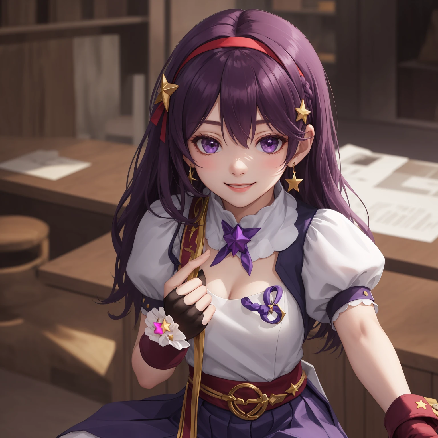 (masterpiece, best quality:1.2),illustration,8k,hd,1girl,solo,upper body,(portrait:1.2),breasts,gloves,purple eyes,fingerless gloves,purple hair,hairband,long hair,red hairband,jewelry,skirt,earrings,hair ornament,smile,star hair ornament,short sleeves,sash,puffy short sleeves,vest,shoes,pantyhose,