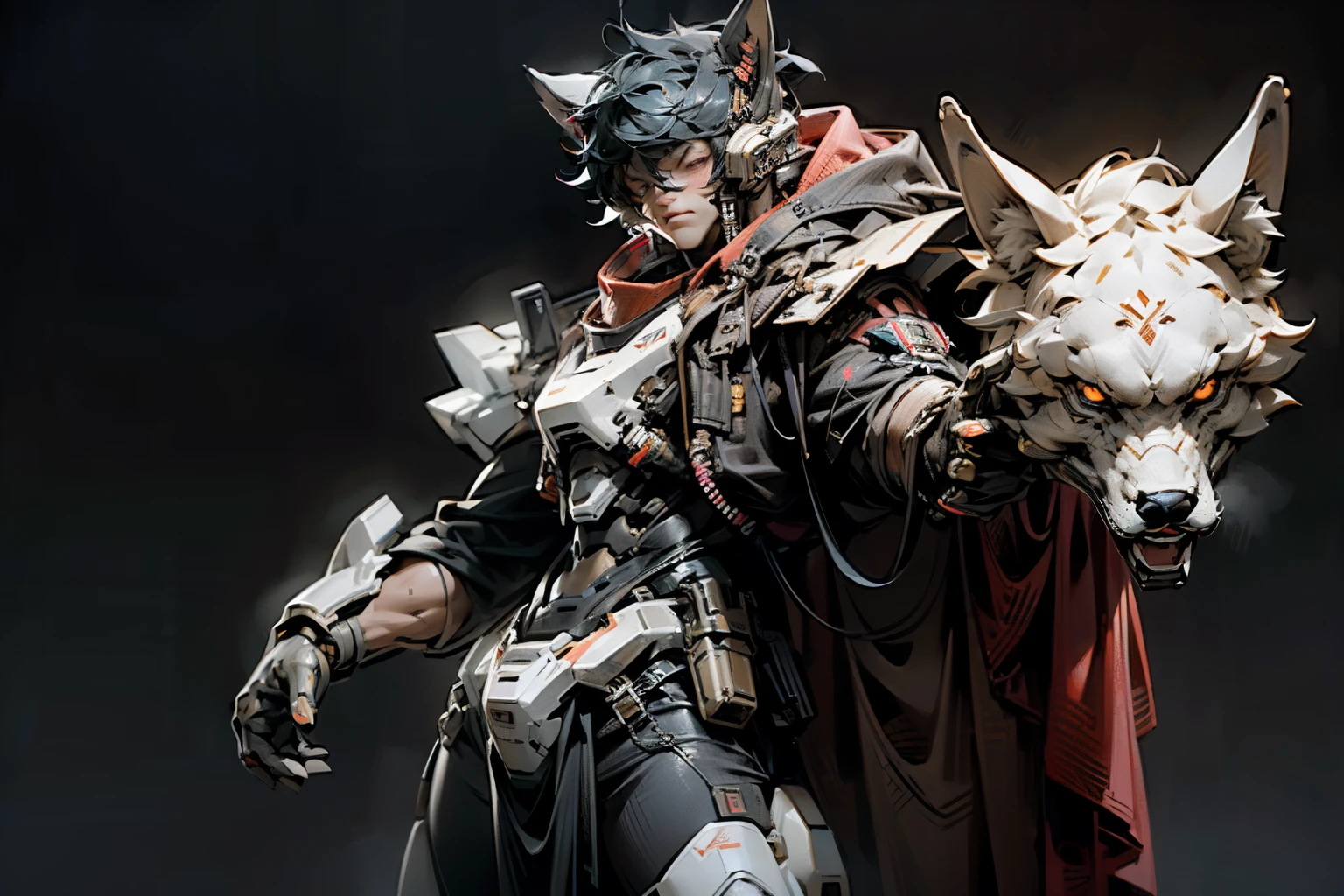 ((Ultra HD)),((Detailed depiction)),A male mecha wearing a wolf mask,Stand Pose,Realistic costumes,Polished,Detailed body,Detailed face,Detailed eyes,Swollen eyes,Highest quality,High resolution,(reality: 1.4),Forward-facing body,(超reality的な),(High resolution),(8K),(Very detailed),(Best illustrations),(Fine grain),(Ultra-detailed),Bright lighting,Professional Lighting,cyber punk,The cord is connected to the costume.,