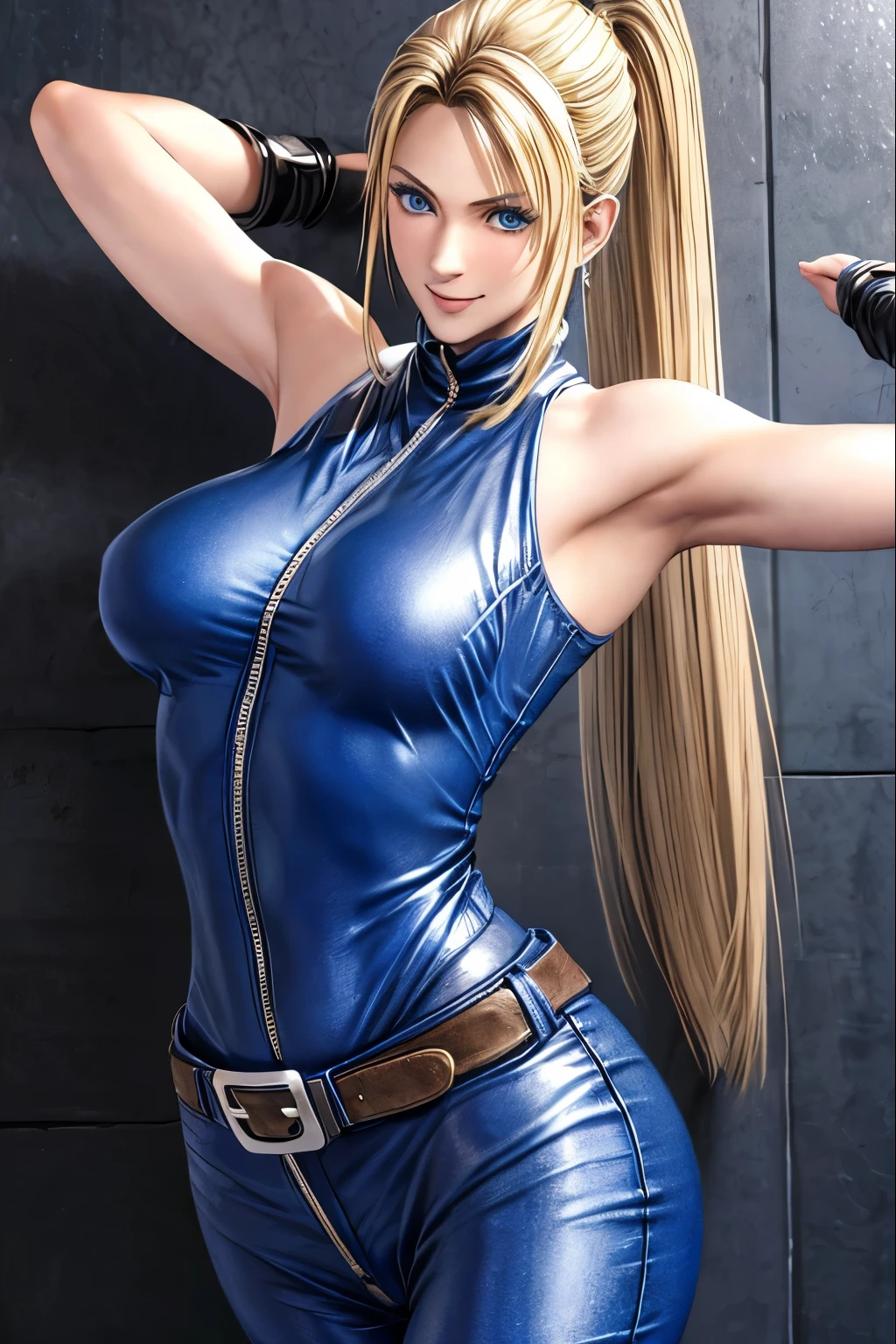 Sarah, blue eyes, angle view(0.6),, (full bodysuit:1.1), (skinny girl:1.8), ((long ponytail:1.3)), (big arms:1.5), (free flowing hair:1.1), cowboy shot, blonde hair, long hair, (long sideburns:1.5), Shoulders exposed, (arms exposed:1.6), (very detailed skin:1.5), belt ,sleeveless, (closed zipper), earrings, fingerless short gloves, BREAK masterpiece, 1 girl, RAW photo, (best quality:1.2), extremely delicate beautiful, very detailed, 2k wallpaper, amazing, fine details, extremely detailed CG Unity 8k wallpaper, super detailed, high resolution, (beautiful detailed girl:1.4), perfect anatomy, wide cheeks, (shiny clothes:1.1), (smile:1.2), (upper body:1.3), (Realistic, Photorealistic:1.0), (thin nose:1.2), (breast focus:1.3), 20 year old, high nose bridge, (blue clothes:1.2), fighting pose, fighting arena, armpit against wall, wide face, (wide smile:1.3), closed mouth