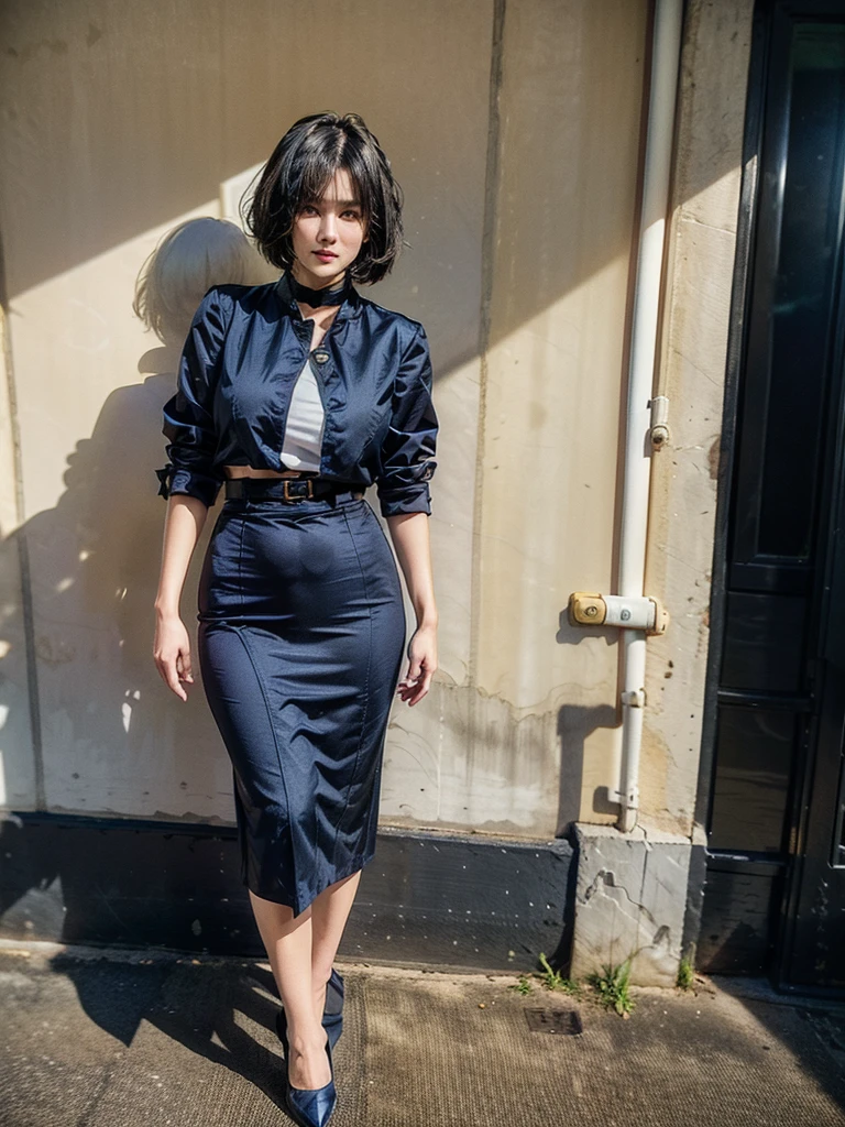 OL、Beautiful girl、Outstanding style、nice buddy、glamorous、Big Breasts、navy blue business suit、Skirt、Garter belt and black 30 denier stockings、High heels、office、standing、The whole body is visible, (mature woman), 45 years old, (black bob cut)