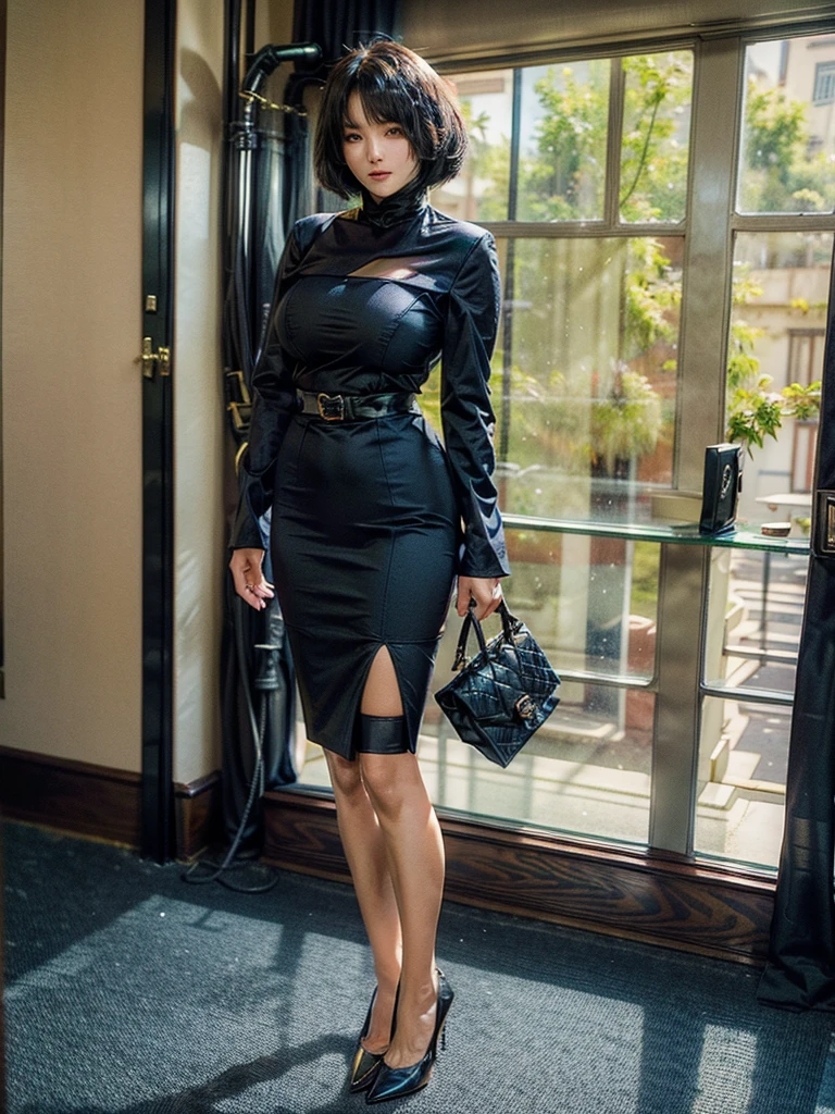 OL、Beautiful girl、Outstanding style、nice buddy、glamorous、Big Breasts、navy blue business suit、Skirt、Garter belt and black 30 denier stockings、High heels、office、standing、The whole body is visible, (mature woman), 45 years old, (black bob cut)