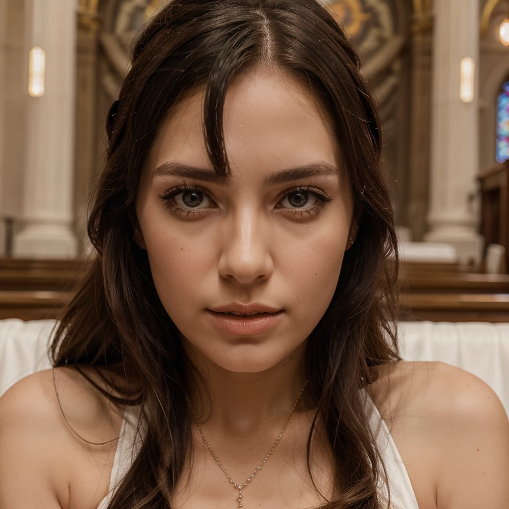 1girl in, 30 years old, Square face, Long hair, Looking at viewer, jewelry, Reality, Sexy, bridal page, church background, free pose