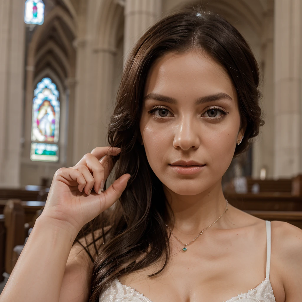 1girl in, 30 years old, Square face, Long hair, Looking at viewer, jewelry, Reality, Sexy, bridal page, church background, free pose