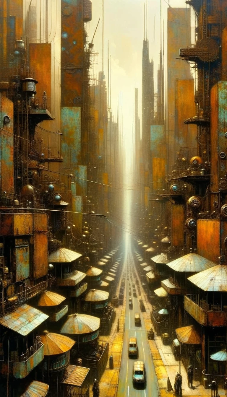 futuristic city.1.5, rusty metal city, lots of details, buildings, billboards, (Dave Mckean inspired art, intricate details, oil painting)
