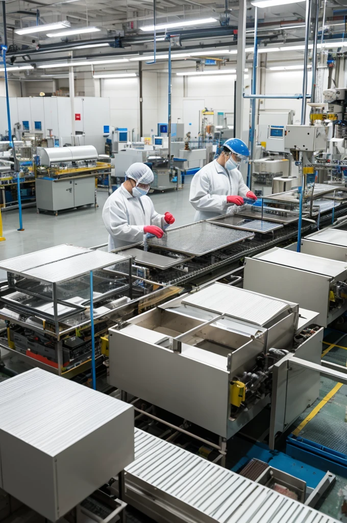 Workers manufacturing wafers in a clean room