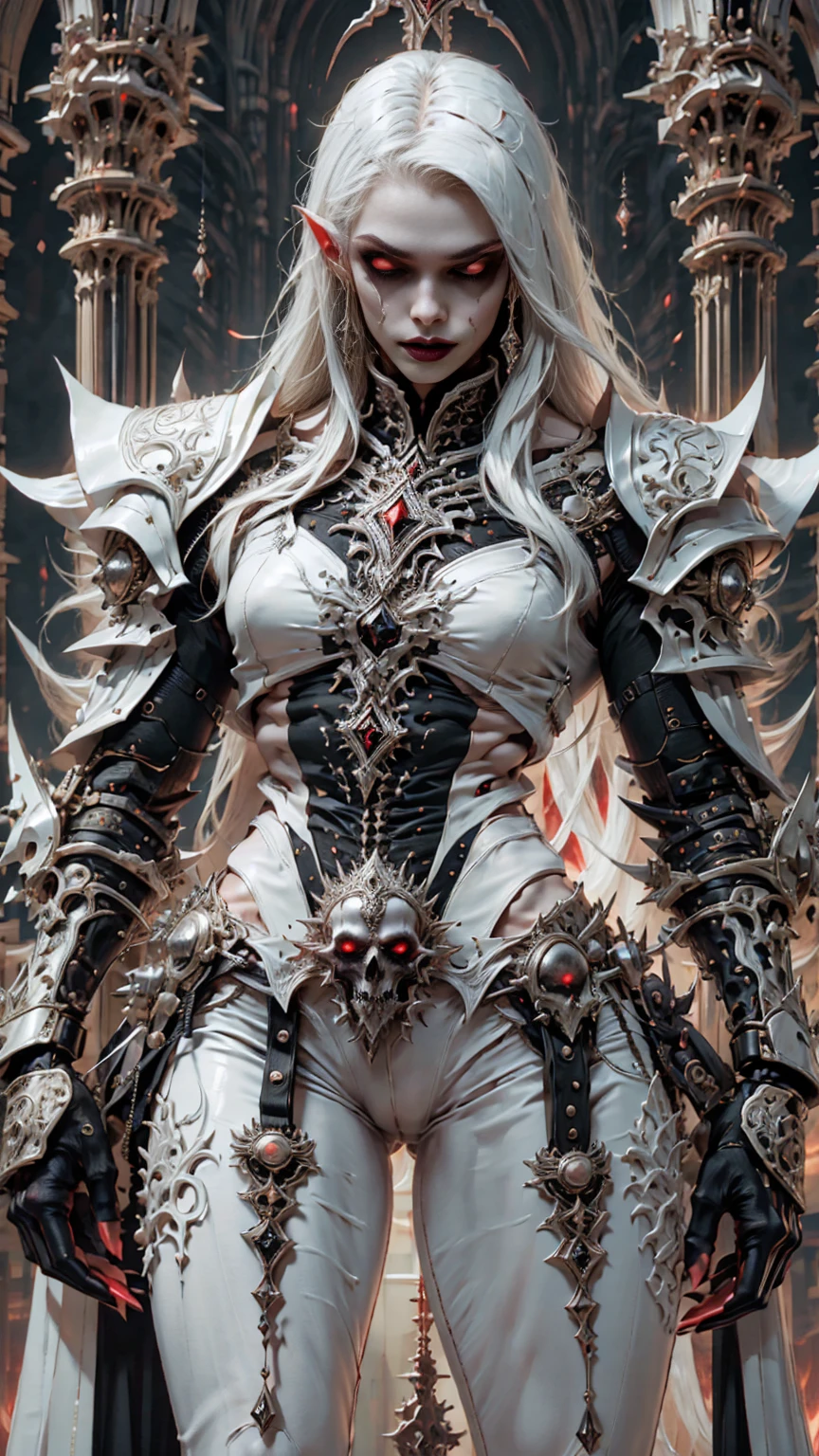 (masterpiece:1.1), (best quality:1.1), (ornate:1.1), BREAK, (horror:1.0), (esoteric:1.1), (solo:1.4), (dynamic angle:1.0), (cowboy shot:1.0), (woman:1.1),(very muscular bodybuilder girl:1.25), (huge upper body:1.25), (narrow hips:1.0), long hair, (gothic intricate vampiric armor:1.25), ((full body front view)), (gauntlets:1.0), (shoulder armor:1.1), ((tarot style frame:1.25)), (glowing red eyes:1.25)
