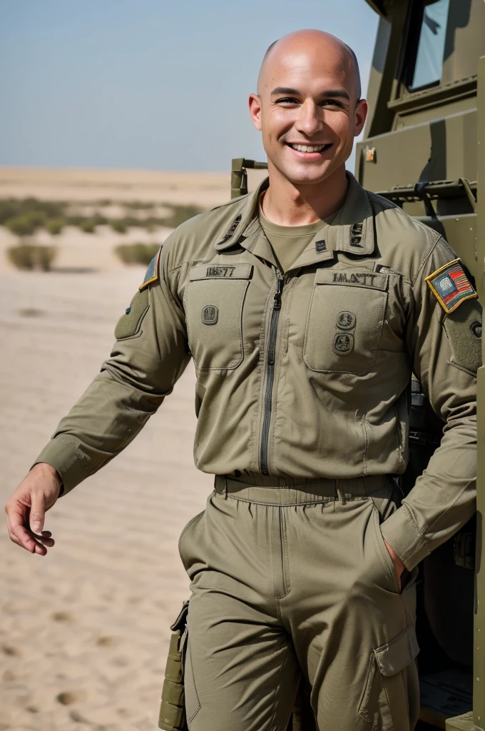 ((8k ((best quality)), ((masterpiece)), (very detailed), real face bald male muscular male full body wear soldiers suit  stand by military truck smiling