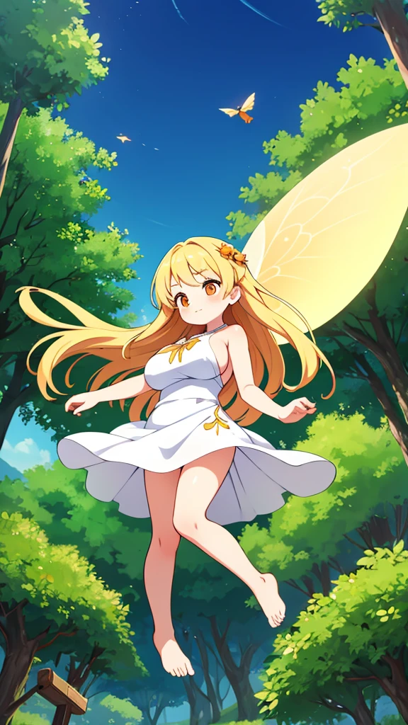 Showing the whole body, cute, baby face, big breasts, flying in the sky, in the forest, simple white dress, long hair, alone, short, fairy wings, honey blonde hair, orange eyes, barefoot
