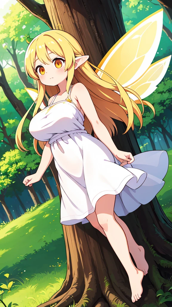 Showing the whole body, cute, baby face, big breasts, flying in the sky, in the forest, simple white dress, long hair, alone, short, fairy wings, honey blonde hair, orange eyes, barefoot
