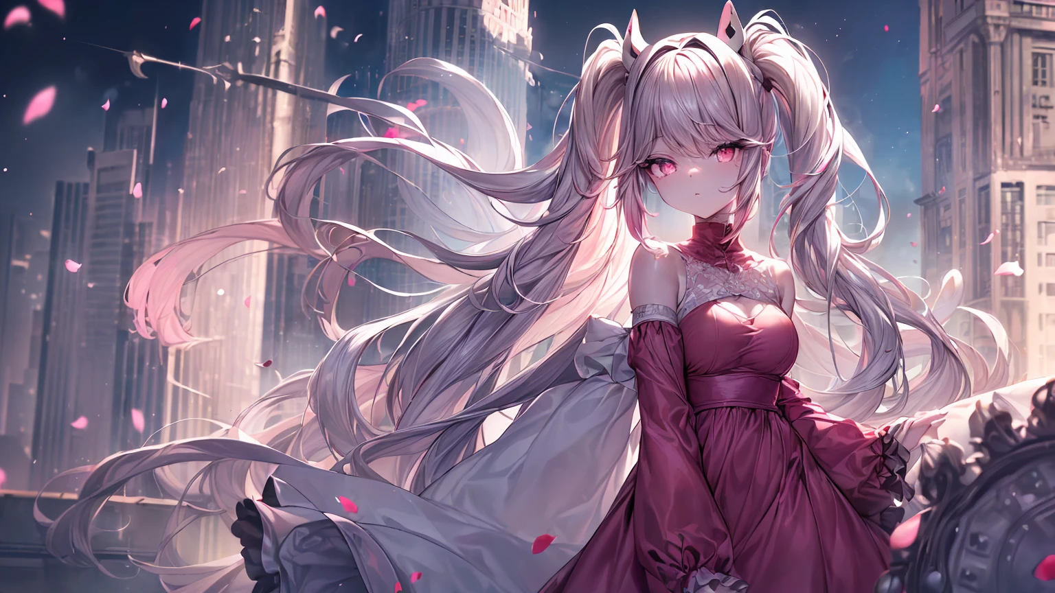 ((((Obra maestra, La mejor calidad, ultrahigh resolution)))), 1girl, standing,), ((long pure pink hair, hair over eye)), long hair cut, shiny skin, ((pink eyes)), glowing_eyes, neon eyes, (ultra detailed eyes:0.7, beautiful and detailed face, detailed eyes:0.9), ((centered)), smirk, facing viewer, ((vibrant background, dark lighting, summer, sunlight)), large chested, looking at viewer, ((half closed eyes)), ((perfect hands)), (((head:1, arms, in view, elbows, in view))), ((hands behind back)), empty eyes, beautiful lighting, ((outside, outdoors)), defined subject, head tilt, (((gritty)), ((creepy)), ((cool)), ((beautiful)), (((SFW))), horns, hair ornament, petals in the air, moon in the sky, city, mature woman, adult woman, sfw, pink and white dress, night dress, ears, she is a princess