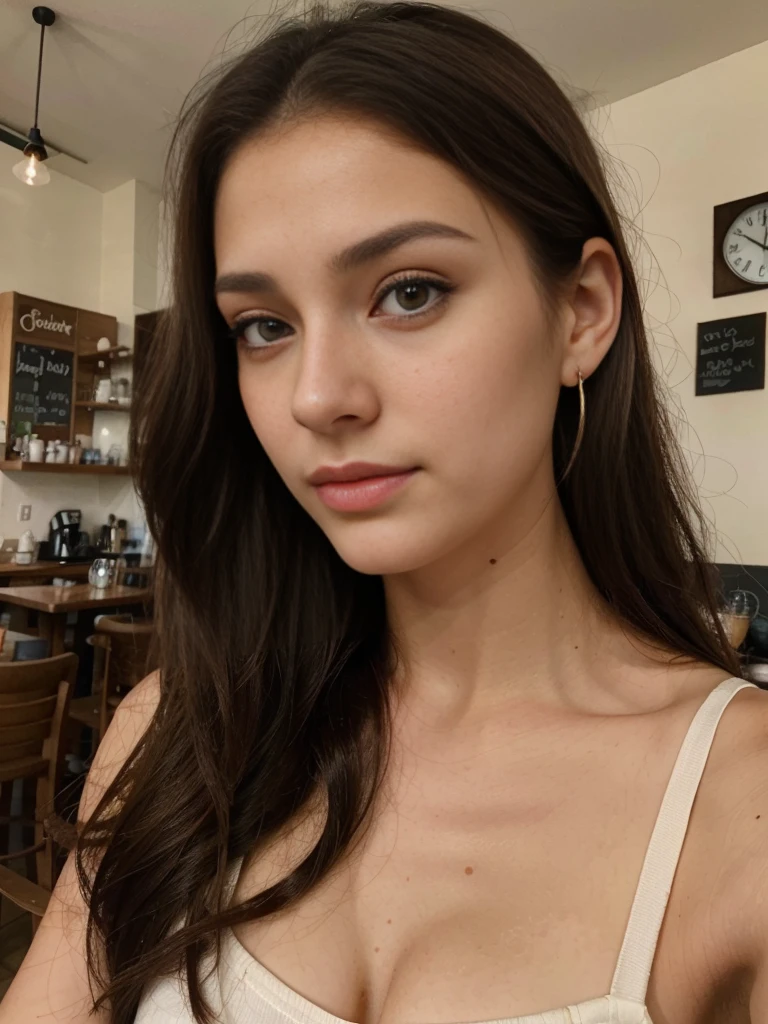 Photo of a 20 year old brunette woman, that has a very natural face, thin lips, thin eyes, thin eyebrows, thin nose, earrings, long eyelashes. She makes a cute selfie in a cafe