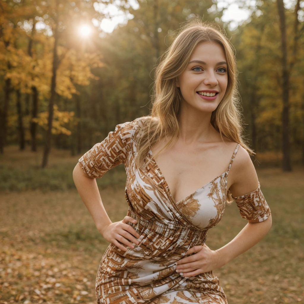 1girl, photorealistic, (((ugly face:1.5))), (((photorealistic))), (((raw photo in sequence))), (((natural lights))), (((detailed background))), (((26 to 35 years old))), (((upper body and upper legs))), (((detailed face))), photo_(wide), realistic, (((Caucasian woman))), (((long white blonde hair))), (((Caucasian nose))), (((Caucasian green eyes))), (((Caucasian face))), (((Caucasian lips))), (((sexy body))), (((wearing printed dress))), (((outdoor autumn photo))), slender, different poses, smiling, wide shot, upper body and upper legs shot
