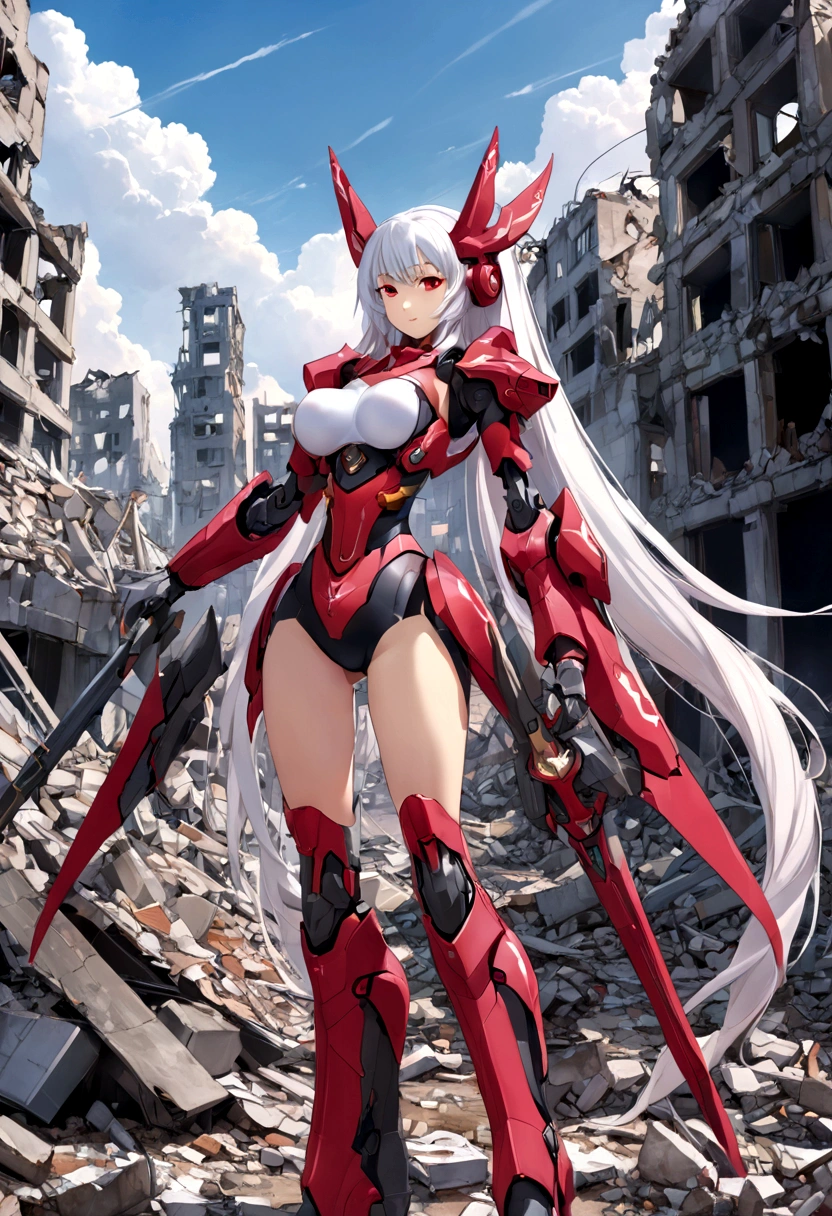 A striking mecha-style magical girl with long, white hair styled elegantly in twin tails, framing her striking red eyes. She stands confidently, her entire body turned towards the viewer, clad in a crimson-colored, intricately designed magical girl-inspired mecha armor. The suit encompasses her from head to toe, emphasizing her feminine curves. The background shows a desolate and destroyed cityscape, littered with rubble and debris, reflecting the aftermath of an apocalyptic battle or a cataclysmic event. The mecha magical girl appears to be standing amidst the ruins, her expression calm and resolute, as if she is the harbinger of hope in this desolate landscape.