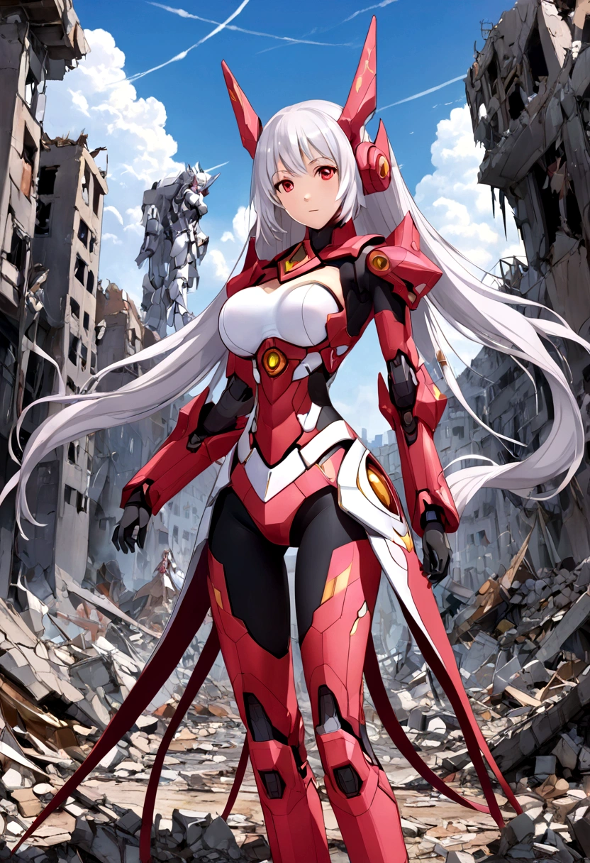 A striking mecha-style magical girl with long, white hair styled elegantly in twin tails, framing her striking red eyes. She stands confidently, her entire body turned towards the viewer, clad in a crimson-colored, intricately designed magical girl-inspired mecha armor. The suit encompasses her from head to toe, emphasizing her feminine curves. The background shows a desolate and destroyed cityscape, littered with rubble and debris, reflecting the aftermath of an apocalyptic battle or a cataclysmic event. The mecha magical girl appears to be standing amidst the ruins, her expression calm and resolute, as if she is the harbinger of hope in this desolate landscape.