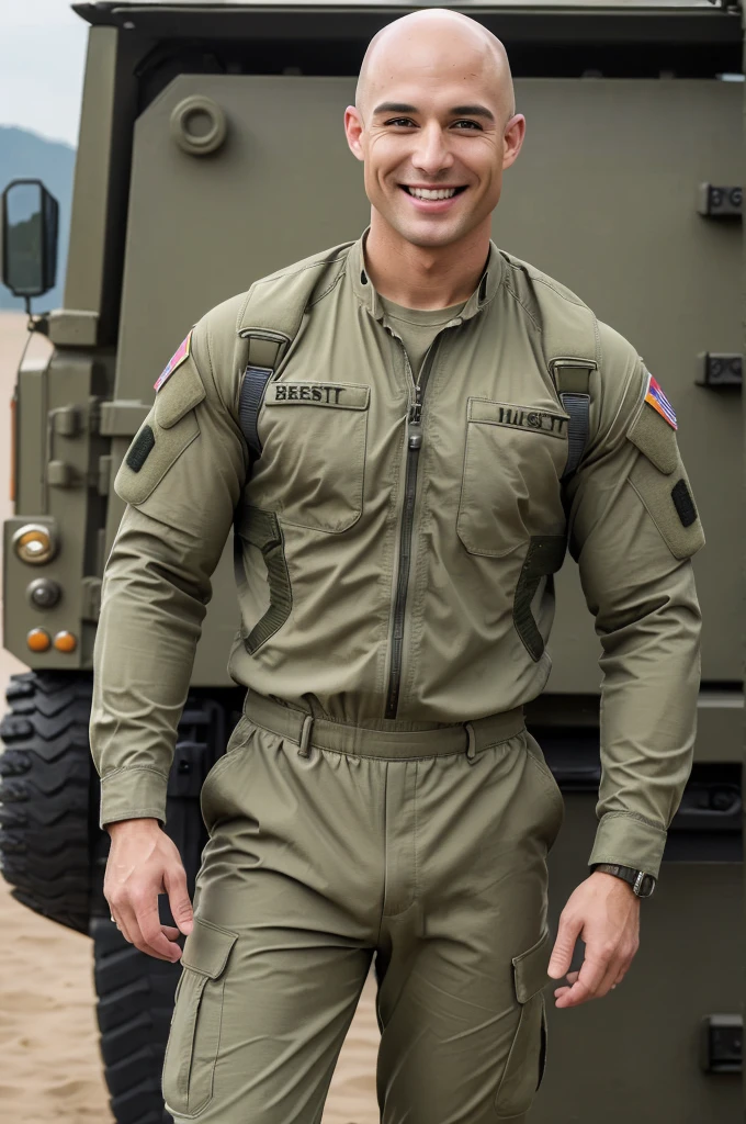 ((8k ((best quality)), ((masterpiece)), (very detailed), real face bald male muscular male full body wear soldiers suit  stand by military truck smiling