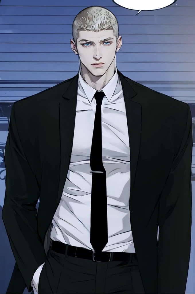 A handsome man , wearing black suit with white shirt and black tie , pale skin , buzzcut , light blonde eyebrows , blue eyes