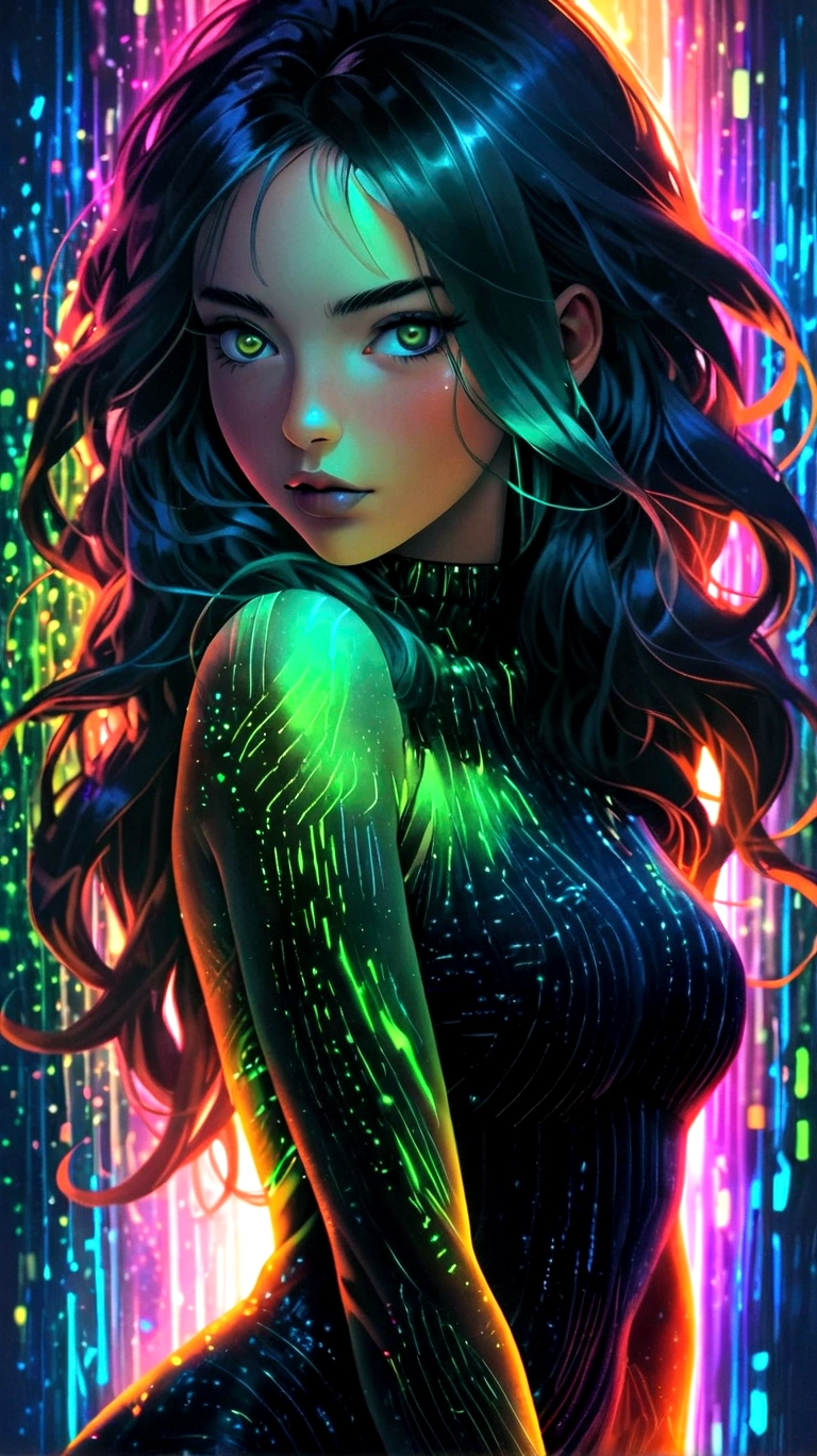 a woman in a black dress with neon lights on the body, light wave girl portrait, Beautiful digital artwork, Detailed 4K digital art, gorgeous digital art, obra de Artedigital 4K, colorful glow, just kidding, colorful digital fantasy art, beautiful gorgeous digital art, Artedigital 4K, Artedigital 4K, neon digital art, cyberpunk art style