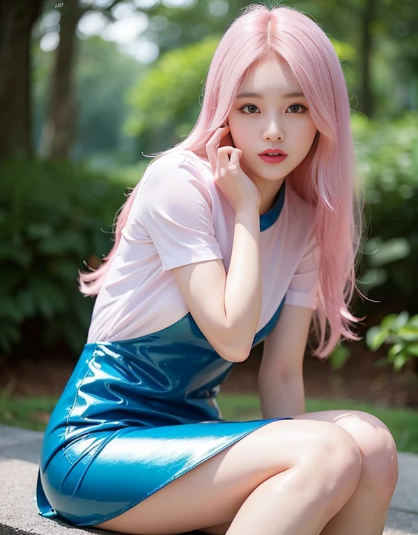 1 girl, Korean models, extremely beautiful, cơ thể perfect. Photo taken with Canon EOS R5 85mm f/11, Capture mode ((high solution)) people and surrounding scenery. Photo quality ((8k)), ((lifelike)), ((masterpiece)), ((high solution và tương phản cao nhất)), ((large depth of field)), ((stereoscopic light)). ((Pink hair)), long and smooth, The wind blows your hair beautifully under the bright sunlight. Beautiful face, perfect và gợi cảm, nice, cân đối perfect, ((Beautiful down to every detail)), ((shiny)), ((trang điểm high-end cosmetics)), ((bright, radiant)). Nụ cười radiant, răng trắng tinh and details. Đôi môi đỏ bóng charming, ((Bright glossy red lipstick)). Brown eyes, shiny wet, charming, ((trang điểm high solution)), true, ((wet eyes)) and details. Pink eyeshadow, long eyelashes, blush, high-end cosmetics. Two delicate eyelids, đẹp perfect and details, black eyelashes. Arched eyebrows, sir, high solution and details. Mũi cao and details. Gò má nổi bật and details. ((Ivory white skin, bright white)), Detailed pores, ((shiny skin)), smooth and supple skin texture, rosy and flawless. Leggy, shiny. Beautiful hands, perfect, ((no error)). ((The light shines directly on the face)), bright sunlight, ((shining light on the front part of the girl's body)).
Photo of a sexy girl standing, ((Very thin pink shirt)), ((blue patent leather dress)), ((red underwear)).