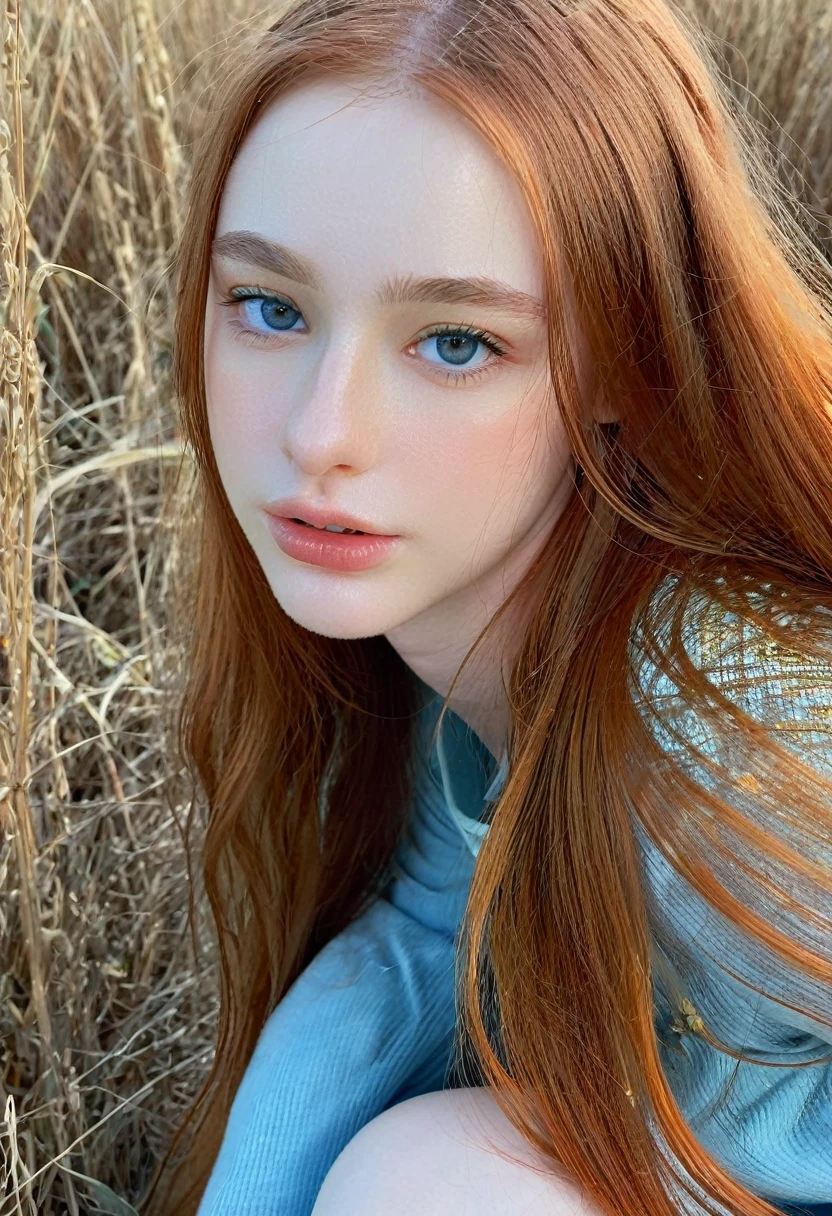 ((intricate details, pale skin)), solo, very detailed, detailed face, very long hair, picture of a beautiful young woman, dasha_taran, sfw, ((natural orange hair)), High Definition RAW Photography, 16k photography, (full body), standing, delicate facial features, pretty face, detailed full body, visible from head to knees, (bright sky-blue eyes:1.2), mesmerizing eyes, emotive longing expression, (cinematic, film grain:1.1)