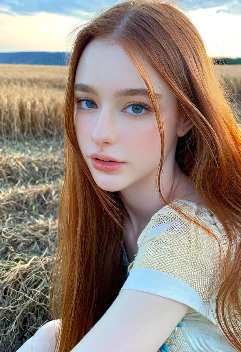 ((intricate details, pale skin)), solo, very detailed, detailed face, very long hair, picture of a beautiful young woman, dasha_taran, sfw, ((natural orange hair)), High Definition RAW Photography, 16k photography, (full body), standing, delicate facial features, pretty face, detailed full body, visible from head to knees, (bright sky-blue eyes:1.2), mesmerizing eyes, emotive longing expression, (cinematic, film grain:1.1)